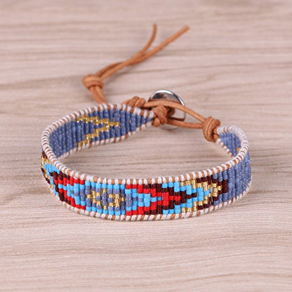 KELITCH Women Pearls Friendship Bracelets Handmade Blue Seed Bead Leather Wrap Bracelet Fashion Jewelry - color: E