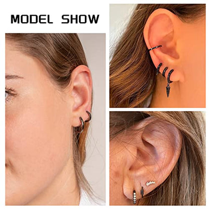 PABBEU 925 Sterling Silver Small Hoop Earrings Set for Women Hypoallergenic | 3Pairs Cubic Zirconia Small Huggie Hoop Earrings Set 13/15/20mm,Nickel-Free Lightweight Comfortable Sleeper Earrings Gift Set - color: 13/15/20mm HMT Black
