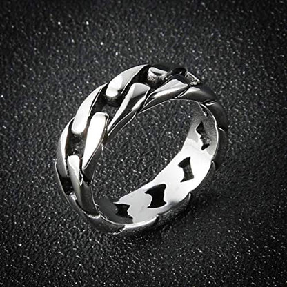 HZMAN Mens Stainless Steel 7mm Wide Band Cuban Link Chain Ring, Silver Gold Black - color: 7mm-Silver