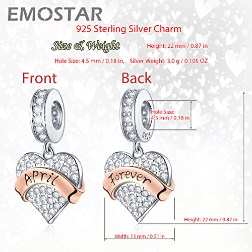 EMOSTAR Jan-Dec Birthstone Charms fits European Birthday Bracelet, Dangle 925 Sterling Silver Heart Shaped Pendant with 12 Months Birthstones, Gifts for Mom/Women - color: April Birthstone