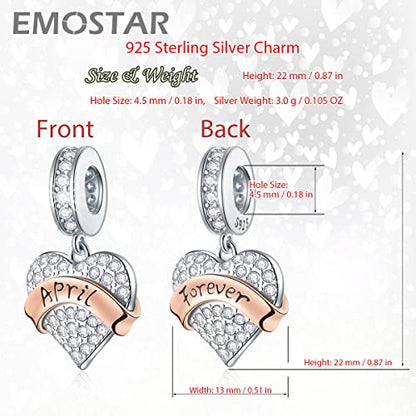EMOSTAR Jan-Dec Birthstone Charms fits European Birthday Bracelet, Dangle 925 Sterling Silver Heart Shaped Pendant with 12 Months Birthstones, Gifts for Mom/Women - color: April Birthstone