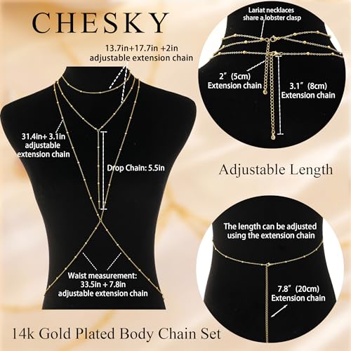 CHESKY 14K Gold Plated Body Chain Set for Women, Belly Waist Jewelry | Layered Body Chain Set, Belly Waist Chain, Crossover Bikini Bra Chain, Long Necklace Jewelry, Summer Beach Accessories