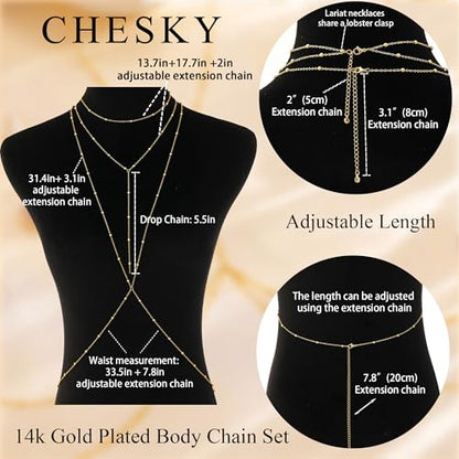 CHESKY 14K Gold Plated Body Chain Set for Women, Belly Waist Jewelry | Layered Body Chain Set, Belly Waist Chain, Crossover Bikini Bra Chain, Long Necklace Jewelry, Summer Beach Accessories