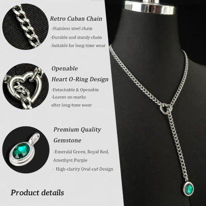 Heart Slip Chain Necklace for Women, Cuban Chain with Removable Heart O-Ring and Crystal Pendant, Adjustable Y Lariat Necklace - color: Silver-Green-27