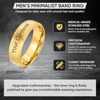 VNOX Customize Personalized 6MM/8MM Tungsten Carbide/Stainless Steel Simple Matte Brushed Finish Wedding Band Engagement Rings for Men Women,Size 5-14 - color: Gold Plated-6mm-stainless-steel