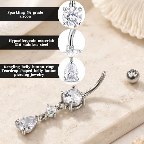 Titanium Belly Button Ring, 14G Internally Dangle Belly Ring for Women | Surgical Steel 316L, Teardrop Shiny CZ Belly Belly Piercing Jewelry