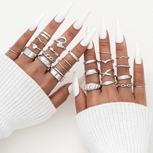 YEEZII 25 Pcs Gold Knuckle Rings Set for Women, Cute Stackable Finger Midi Rings, Dainty Gold Chunky Stacking Statement Womens ring pack - color: Silver-A-25 Pcs