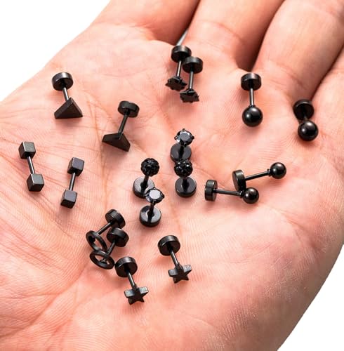 18Pairs 20G 18G Stainless Steel Tiny Stud Earrings for Women Cartilage Helix Earrings Ball Star CZ Earrings - color: Black, size: 20G