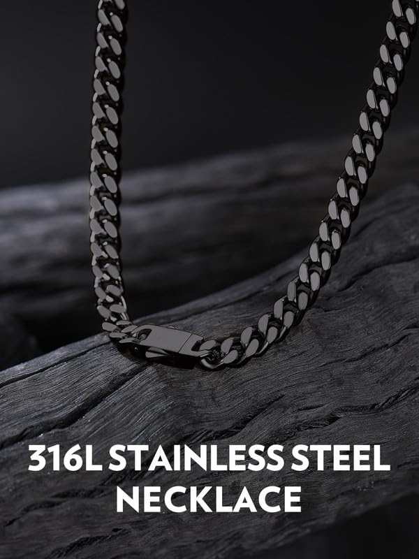 Bandmax Men's Premium Solid Stainless Steel Miami Cuban Link Chain Necklace | Waterproof Tarnish Resistant Chain, Silver Finish/Gold/Black Plated, Easy-open Clasp, 5/7/9/12MM, 18-30 Inches, With Gift Box - color: 03 5MM-Black Plated, size: 26 Inch (66cm)