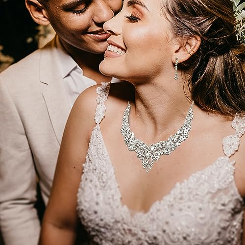 Rhinestone Bridal Jewelry Sets for Women Crystal Necklace Earrings Bracelet Set Silver-Tone Wedding Bridal Bridesmaid Gifts fit with Wedding Dress - color: A:3pcs-Silver Tone Necklace + Earrings + Bracelet set