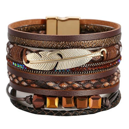 Fesciory Leather Wrap Bracelet for Women, Boho Western Layered Cuff Jewelry | Stackable Bracelets, Easy-On Clasp, Daily Wear, Pairs with Boho Western Outfits, Gift for Women - color: Brown3