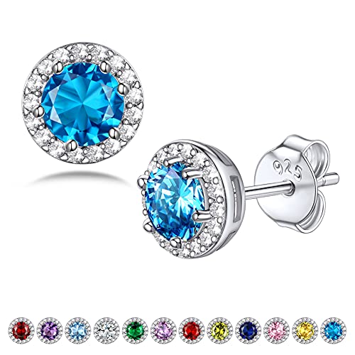 Bestyle Sparkling 925 Sterling Silver Birthstone Stud Earrings for Women, Heart/Round/Teardrop/Square Solitaire Diamond Studs Earrings, Great Birthday/Christmas Gifts - style: 12. Blue Topaz-Dec.-round