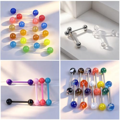 14G Flexible Plastic Tongue Ring Stainless Steel Tongue Barbell | Acrylic Cat's Eye Imitation Opal Glow in Dark Tongue Piercing Jewelry for Women Men 16mm Bar - style: 36PCS