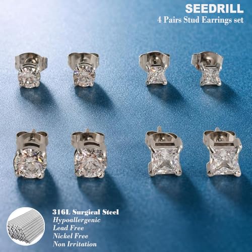 SEEDRILL Stud Earrings for Women Men Square & Round AAAAA+ Cubic Zirconia Earrings 18K Gold Plated Hypoallergenic 316L Surgical Stainless Steel CZ Earrings 3-6mm 4 Pairs - color: Silver