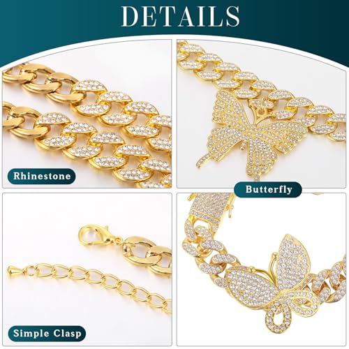 3 Pcs Butterfly Cuban Jewelry Set Cuban Link Chain Necklace for Women Rhinestone Pendant Necklace Bracelet Large Hoop - color: Bright Gold, style: Classic