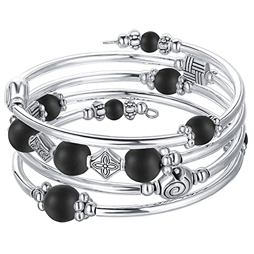 Beaded Pearl Bangle Wrap Bracelet - Fashion Bohemian Jewelry Multilayer Charm Bracelet with Thick Silver Metal Beads, Gift For Women - color: Matte Black