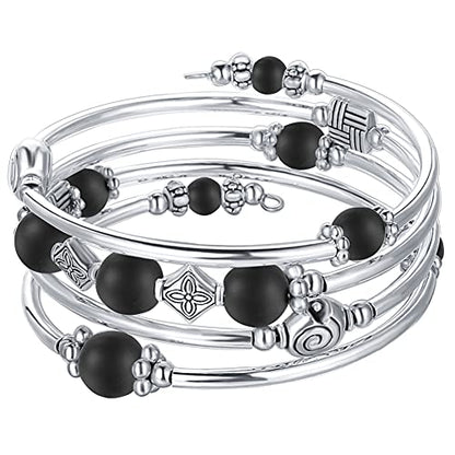 Beaded Pearl Bangle Wrap Bracelet - Fashion Bohemian Jewelry Multilayer Charm Bracelet with Thick Silver Metal Beads, Gift For Women - color: Matte Black