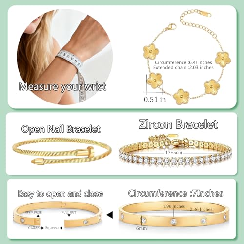 Gold Bracelets for Women, 18K Gold Plated Women Tennis Bracelets Clover Nail Love Bangle Bracelet Set, Gold Bracelet Stackable Set Trendy Jewelry, Gifts for Women's Day and Mother's Day - color: 06-Color-gold
