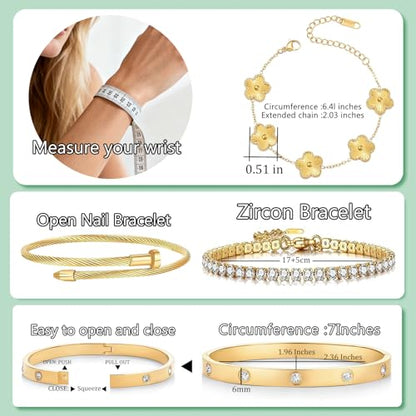 Gold Bracelets for Women, 18K Gold Plated Women Tennis Bracelets Clover Nail Love Bangle Bracelet Set, Gold Bracelet Stackable Set Trendy Jewelry, Gifts for Women's Day and Mother's Day - color: 06-Color-gold