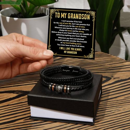 To My GrandSon Bracelet – Love You Forever Braided Leather Bracelet, Meaningful GrandSon Gift from Grandpa & Grandma with Heartfelt Message Card & Elegant Gift Box for Birthday, Christmas - color: Version#1