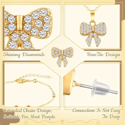 3 Pcs Heart Bow Snow Jewelry Set | Heart Necklace with Bracelet Earring, Snow Jewelry Set for Women, Bow Charms Toggle Gifts - color: Gold, style: Bow