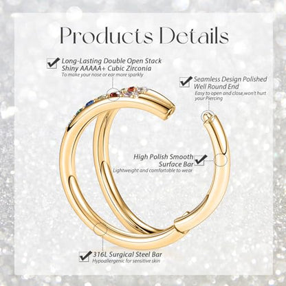 GAGABODY Conch Piercing Double Open Stack with CZ 16 Gauge Hoop Earrings 18g Septum Jewelry 20g Septum Ring Daith Earrings 316L Surgical Steel Lip Rings Helix Rook Cartilage Earrings Hoop - color: Style13:Gold+Double Hoop Rainbow CZ