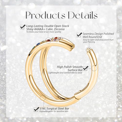 GAGABODY Conch Piercing Double Open Stack with CZ 16 Gauge Hoop Earrings 18g Septum Jewelry 20g Septum Ring Daith Earrings 316L Surgical Steel Lip Rings Helix Rook Cartilage Earrings Hoop - color: Style13:Gold+Double Hoop Rainbow CZ