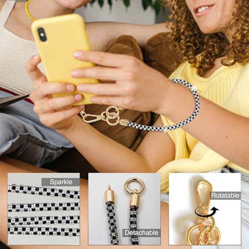 Phone Lanyard Crystal Phone Strap Crossbody, Black White | Crystal Phone Strap Crossbody Rhinestone Anti Theft Layered Strap Crossbody Cell Phone Neck for Women - color: Black White
