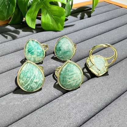 Crystal Ring for Women, Natural Rose Quartz Green Fluorite Ring for Her, Teardrop Shape Gemstone Ring, Handmade rose quartz Jewelry Adjustable Ring. - color: Amazonite