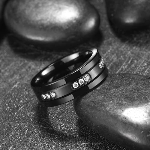 King Will Mens Tungsten Wedding Band with Cubic Zircon Inlay 7mm/8mm Flat Cut Comfort Fit Engagement Rings - color: B-Black&White-8mm