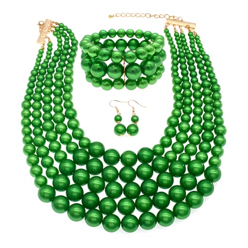JNF Large Faux Pearl Necklaces for Women Multi strand Pearl Necklace Bracelet and Earrings Set 1920s Costume Pearls Necklace Jewelry Accessories - color: Green Pearl Necklace set