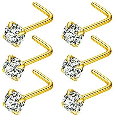 316L Surgical Steel 22g/20g/18g Nose Rings Studs L-Shape Nose Nostrial Piercing Body Jewerly L Shaped Nose Studs 1.5mm 2mm 2.5mm 3mm CZ Nose Screw Studs Rings for Women - style: 6pcs/L-shape/18g/4.0mm Clear CZ/Gold