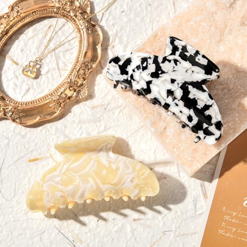 Aileam Acetate Hair Claw Clips for Women,Tortoise shell hair clip French Design Strong Hold Non-Slip claw clips for Thick Hair, 2 Pack - color: Beige & Milk Black