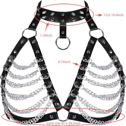 Punk Layered Chest Chain,Leather Bra CageStyle Shoulder Strap,Punk Black Leather Chest Harness Body Waist Chain Belt Rave Nightclub Belly Bra Jewelry Accessor for Halloween Carnival