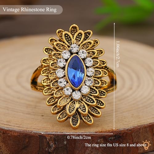 Boho Retro Rhinestone Ring Ethnic Big Flower Crystal Finger Ring Trendy Statement Tribal Indian Dance Costume Ring Jewelry for Women - color: Gold-blue