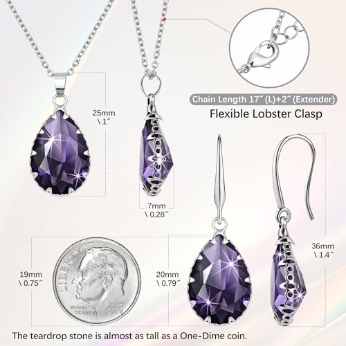 Linawe Crystal Jewelry Sets for Women, Imitation Diamond Pendant Necklace, Rhinestone Drop Dangle Earrings, Birthstone Cubic Zirconia Matching Wedding Jewelry, 14K Gold/Rose Gold/Silver Tones - color: Silver,Amethyst,Feb