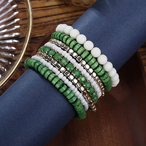 LUREME Boho Multi Strand Stackable Stretch Bracelet Set Wooden Cube Alloy Bead Bangle bl003172 - color: Green