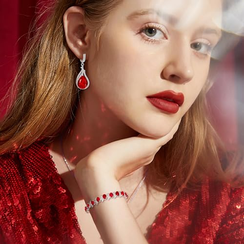 Jewelry Set for Bride, Sparkling Water Drop Cubic Zirconia Crystal Pendant Necklace Leverback Earrings Tennis Bracelet Adjustable Ring Gift for Wedding/Birthday/Mother's Day/Christmas - color: 14-Ruby Color