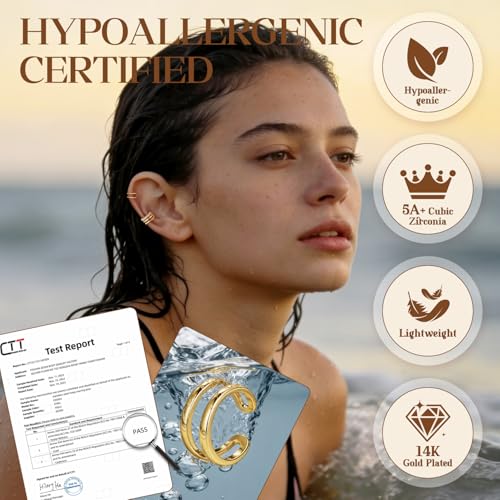 Ear Cuff Earrings for Women Non Piercing Helix Cartilage Clip on Ear Cuffs 14K Gold Plated & Sterling Silver Stainless Steel Hypoallergenic Huggie Hoop Fake Earring Set Jewelry Gift - color: A3-Stylish Cuff Set