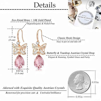 Austrian Crystal Teardrop Butterfly Drop Dangle Earrings for Women 14K Rose Gold Plated Hypoallergenic Jewelry - color: Pink