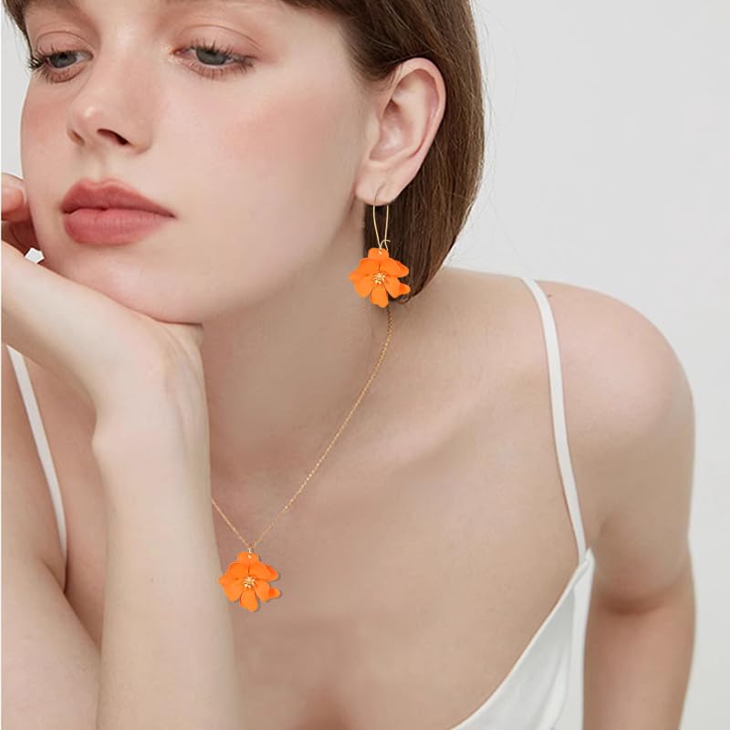 WCRAZYE Bohemian Daisy Flower Earrings Necklace Sets for Women Unique Trendy Boho Matte 3D Gold Flower Floral Petal Statement Earring Wedding Jewelry - color: Orange