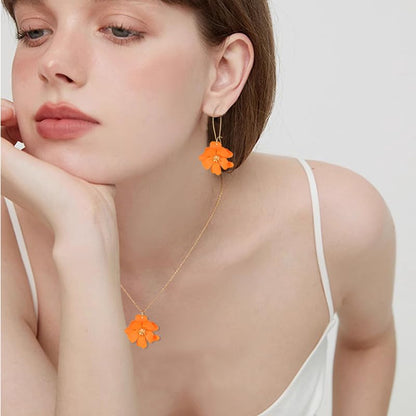 WCRAZYE Bohemian Daisy Flower Earrings Necklace Sets for Women Unique Trendy Boho Matte 3D Gold Flower Floral Petal Statement Earring Wedding Jewelry - color: Orange