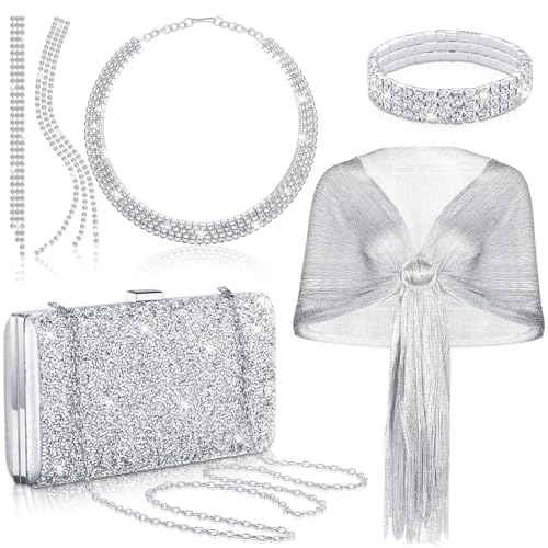 Tiamon 5 Pcs Rhinestone Jewelry Sets Shawls and Wraps Formal Clutch Purses for Women Evening Dresses Weddings Engagement - style: Noble