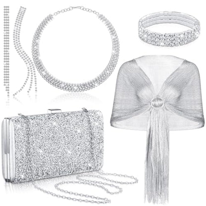Tiamon 5 Pcs Rhinestone Jewelry Sets Shawls and Wraps Formal Clutch Purses for Women Evening Dresses Weddings Engagement - style: Noble