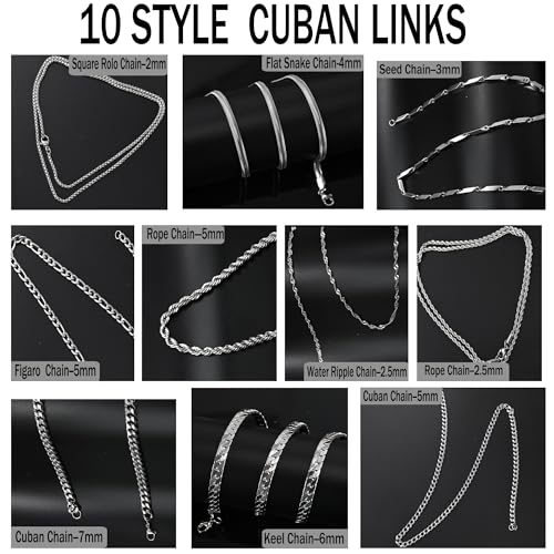 10 Pcs Chains for Men Silver Necklace Stackable Stainless Steel Chains Set Mens Jewelry Set Cross Cuban Link Figaro Chain