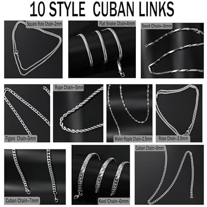 10 Pcs Chains for Men Silver Necklace Stackable Stainless Steel Chains Set Mens Jewelry Set Cross Cuban Link Figaro Chain