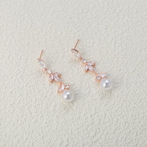 Crysdue Simulated Pearl Earrings for Women, Dainty Silver/Gold/Rose Gold Plated Cubic Zirconia Drop Dangle Earrings Wedding Jewelry for Bride Bridesmaid - style: K_CZ+ pearl, Rose Gold