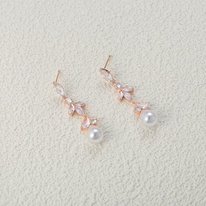 Crysdue Simulated Pearl Earrings for Women, Dainty Silver/Gold/Rose Gold Plated Cubic Zirconia Drop Dangle Earrings Wedding Jewelry for Bride Bridesmaid - style: K_CZ+ pearl, Rose Gold