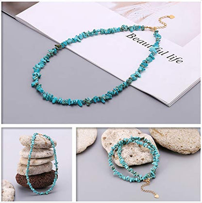 Aobei Pearl Gemstone Beaded Choker Necklace for Women Boho Turquoise/Cultured Freshwater Pearls/Garnet/Amazonite Jewelry - color: A Blue-green Irregular Turquoise
