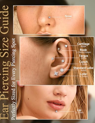 YADOCA Threadless Flat Back Earrings Gold Nose Studs Surgical Steel | Push-in flat back design for cartilage tragus helix conch and medusa piercings, gold plated stainless steel studs - color: Silver Round, size: 20G(0.8MM)